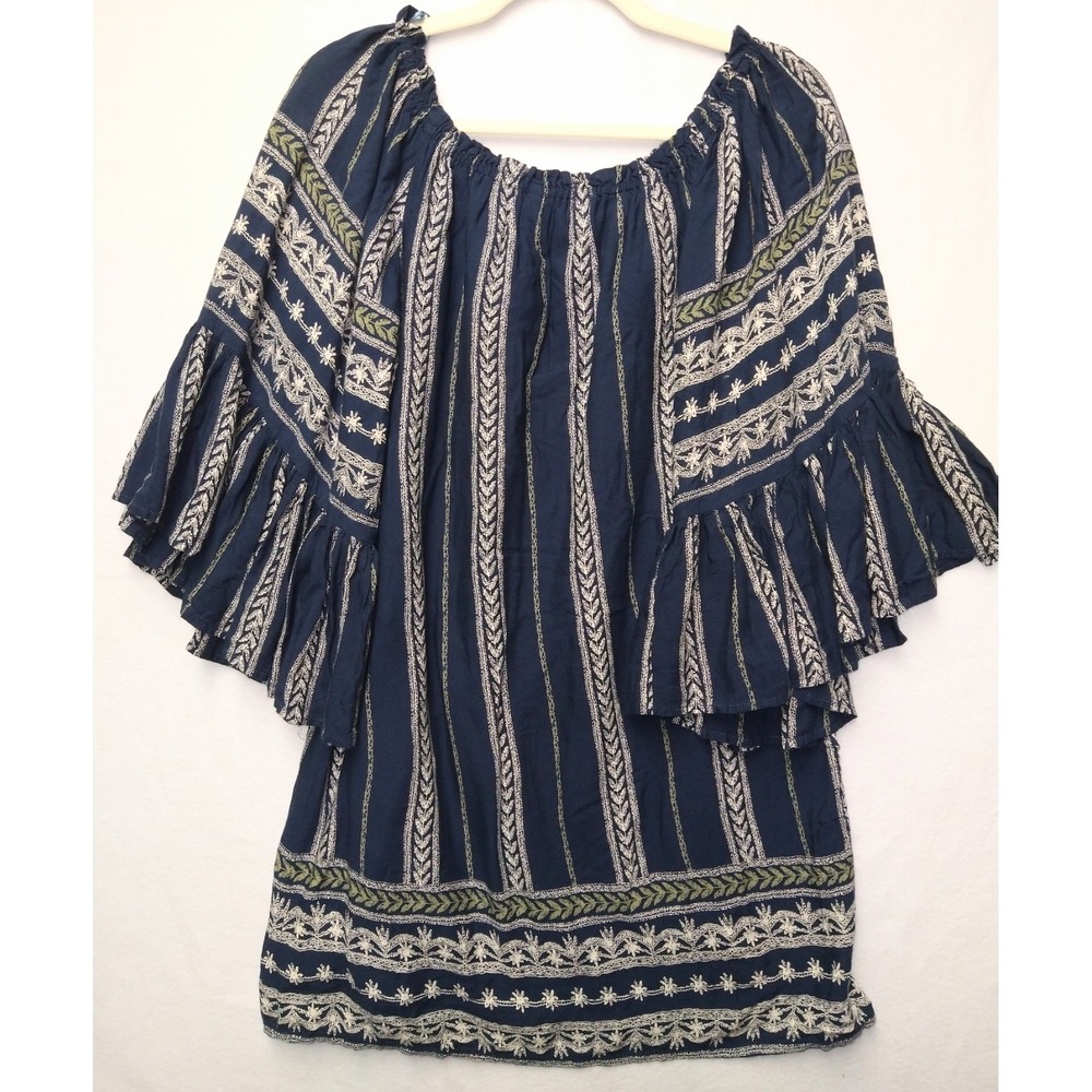 Braeve Off-Shoulder Tunic Dress Navy Cream Olive Boho Peasant Earthy Ethnic MED